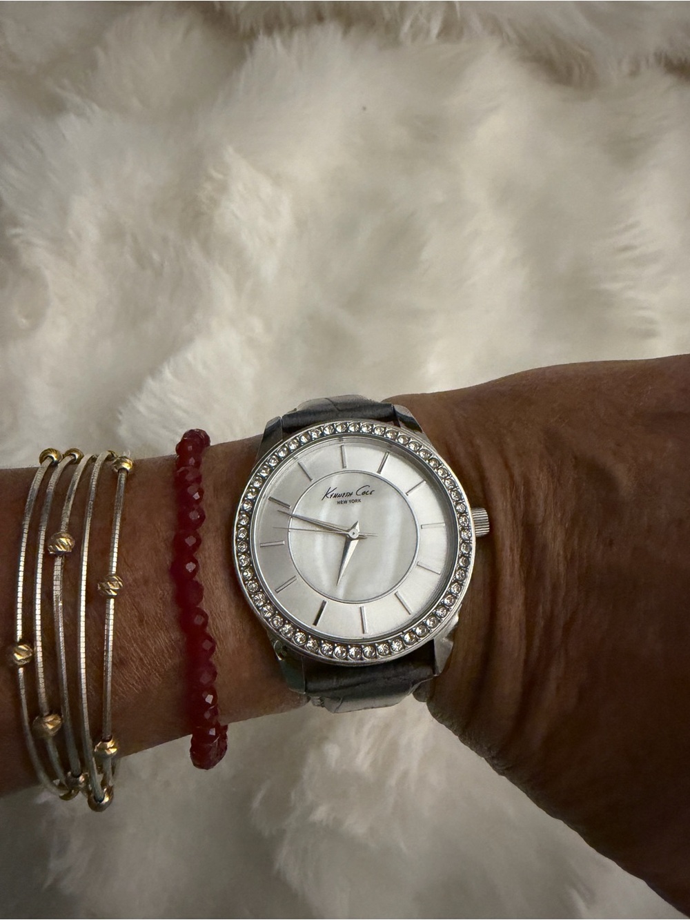 Kenneth Cole Silver Crystal-Trim Women's Watch with Red Bead Bracelet